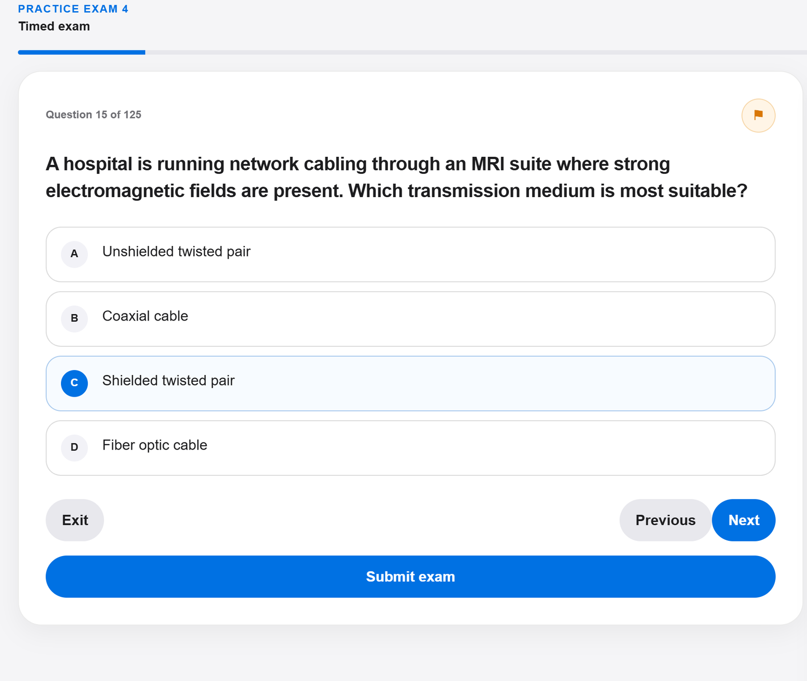 Timed practice exam with question navigator, flag and progress bar