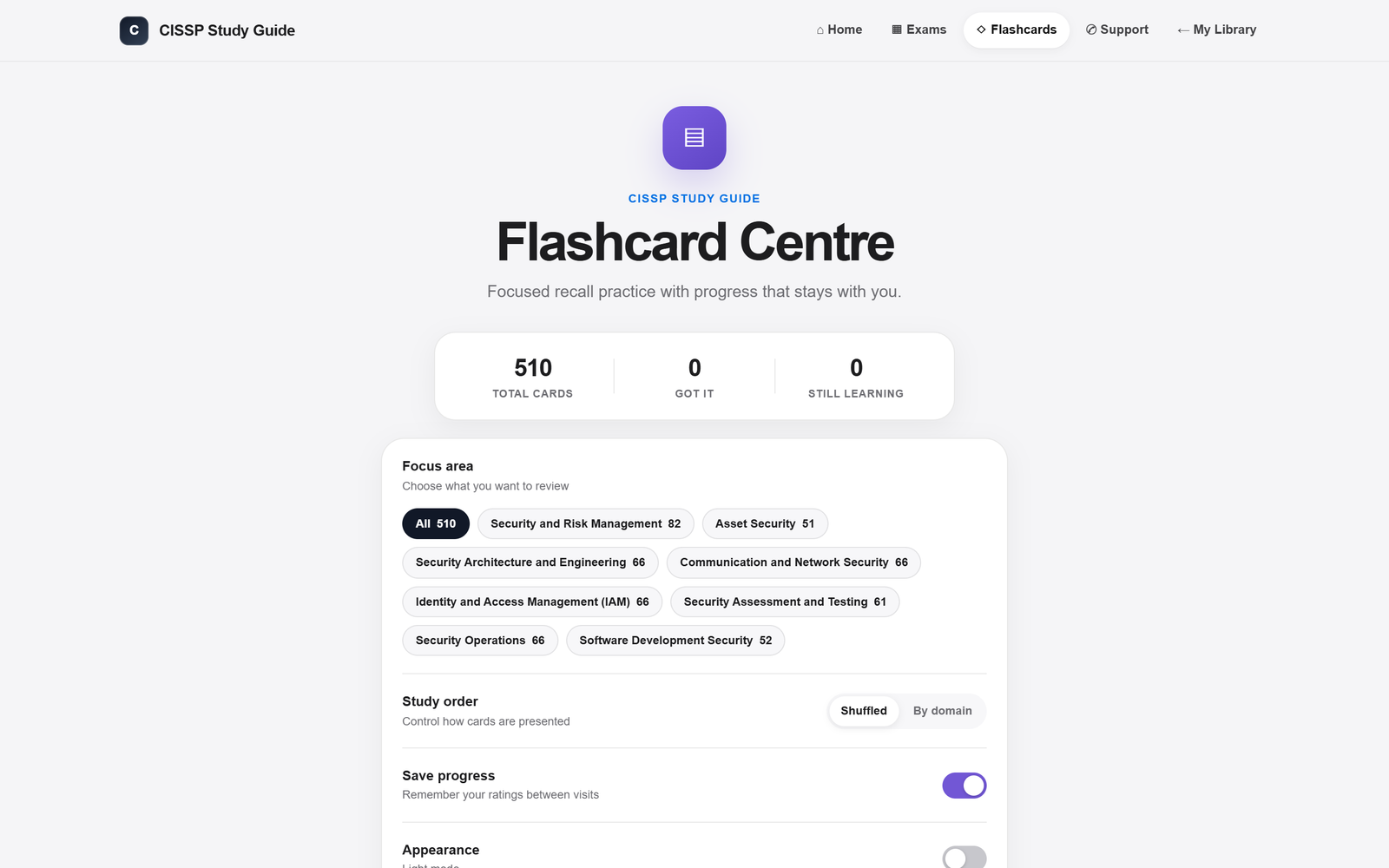 The flashcard centre with the eight CISSP domains as filters