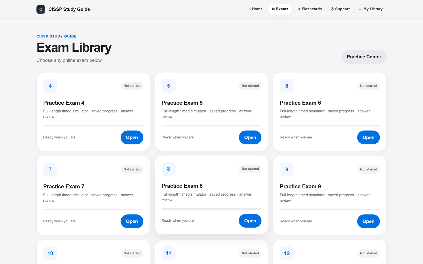 Exam library listing every practice exam